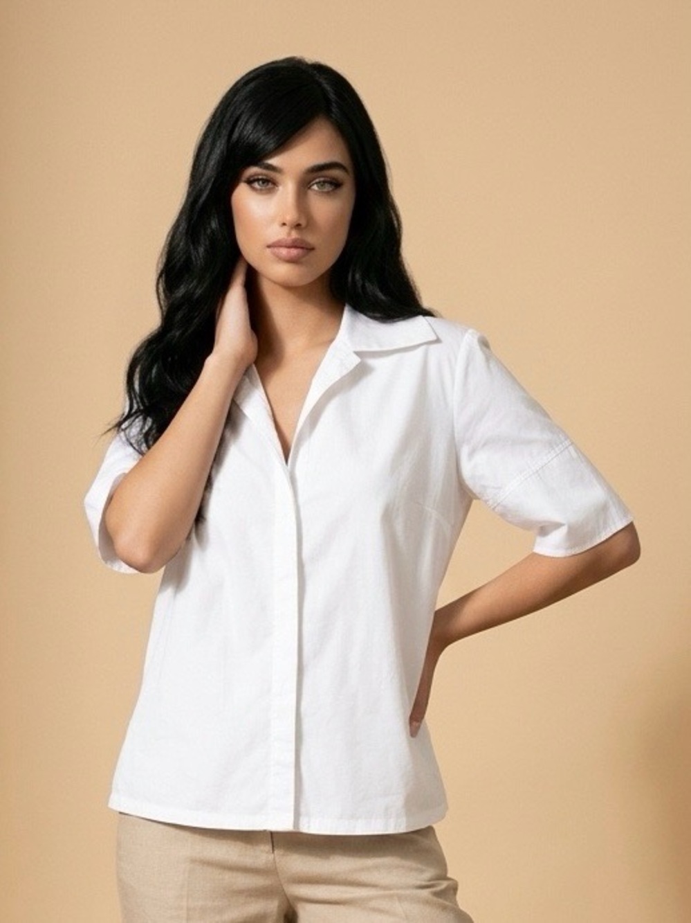 Women's White Short-Sleeve Button-Down Shirt with Camp Collar